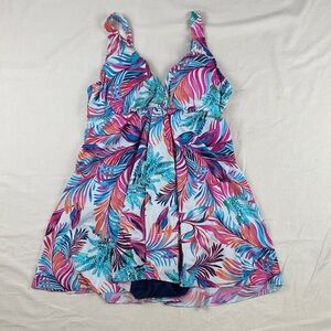 Tropical Print One-Piece Swimdress in Pink & Blue